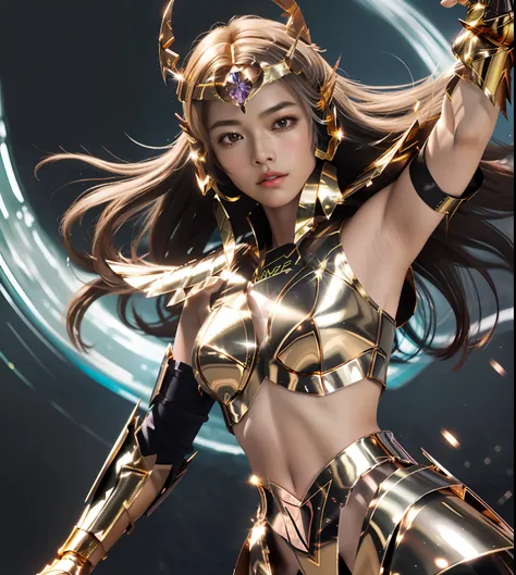 ultra-high saturation（tmasterpiece）， fully body photo，（best qualtiy）， （1girll）， wearing shiny gold armor， sexy lingerie type arm...