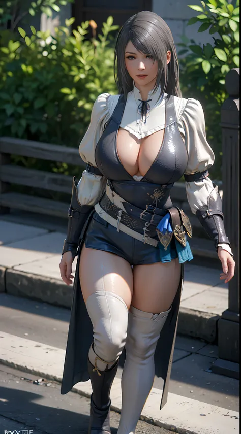 ((Unreal Engine 5)), Realistic Rendering, Excellent, Full armor, knight Cloak, helm, (Yoga hotpants), looking on camera, sexy posing walking down on street, beautiful face, makeup, CGImix, (photorealism:1.2), ultrarealistic uhd face, (huge fake boobs:1.4),...