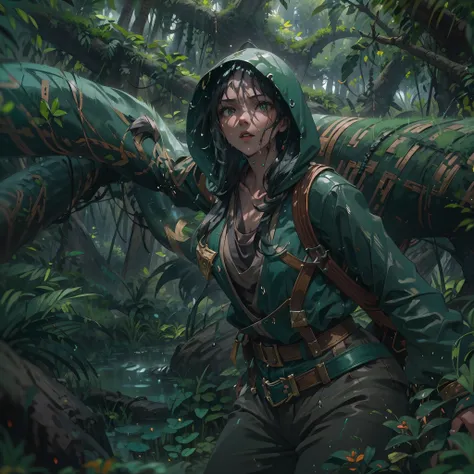 one-girl，beautiful close-up((adventurer)),jungles,oases,giant and wet trees，hood，jungle adventure，green snake，actionpose，combat ...