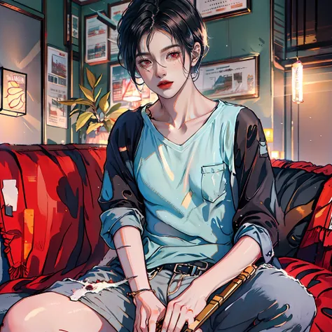 A 20-year-old man, dressed in casual clothes, sitting on a sofa, holding a fruit knife in his hand, short black hair, red eyes, messy room, lighting, 8k, high quality, high resolution