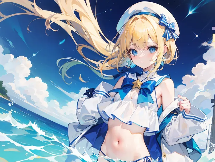 Yellow-haired,white swimwear,eBlue eyes,star accessories,white beret(It has a blue bow on it),nautical mile,starrysky,swimmning,4K