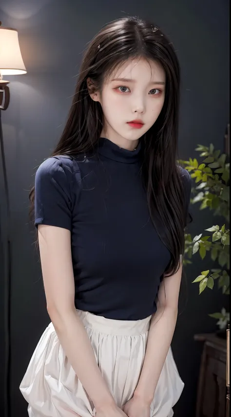 IU, Beautiful girl, 独奏,(brunette color hair),pony tails,T-shirt skirt (looking at the camera in), tmasterpiece, best qualtiy, (photograph realistic:1.2)Dreamy background