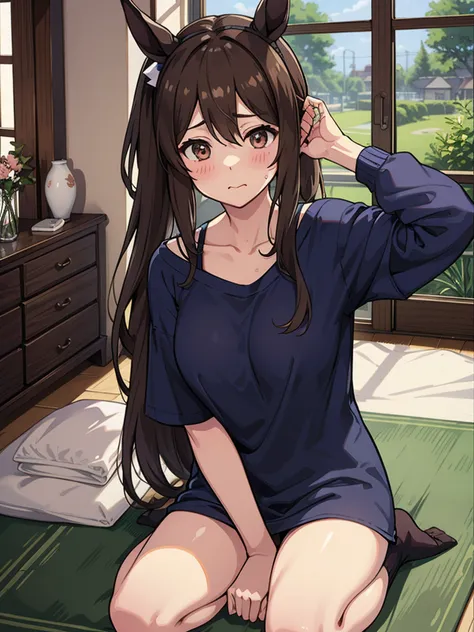 ​masterpiece、top-quality、ultra-detailliert、illustratio、女の子 1 人、tshirts、Textured、detaileds、a beauty、Beautiful breasts、Brown hair、(Horse ears on the head)、Low ponytail、red blush、feel shy、Uma Musume（Admire Vega）、white t-shirts、Landless、Sheer Bra、Big T-shirt、f...