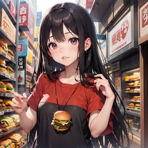 Top image quality Original Characters、Volume Lighting、Eat a huge burger、Shiny black hair straight long hair、Cute wine red take shirt、Burger Shop、Harajuku
