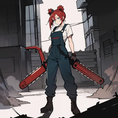 Two chainsaws,redheadwear,with a simple background
