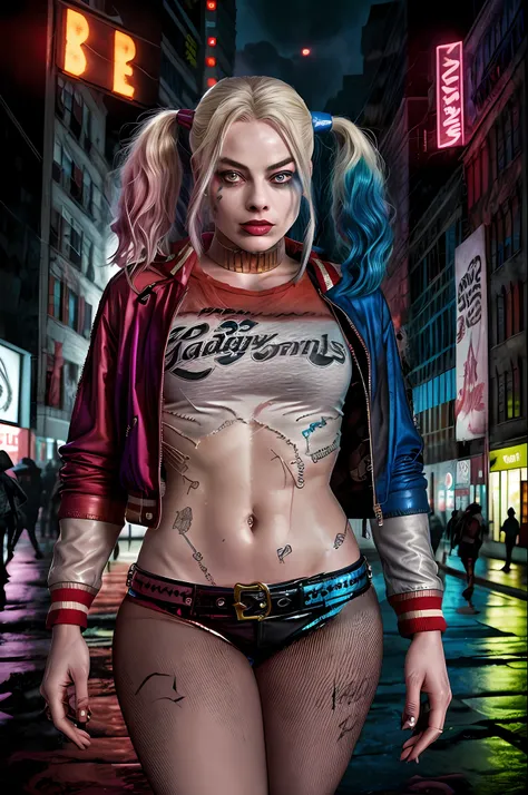 margot robbie, harley quinn, 20 years old, cyberpunk city backdrop, photography style, urban setting, neon lights, futuristic, e...