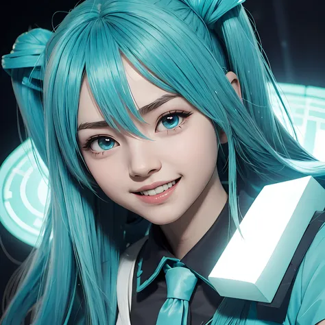 hatsune miku, minecraft, luz frontal, sorriso, salto --auto