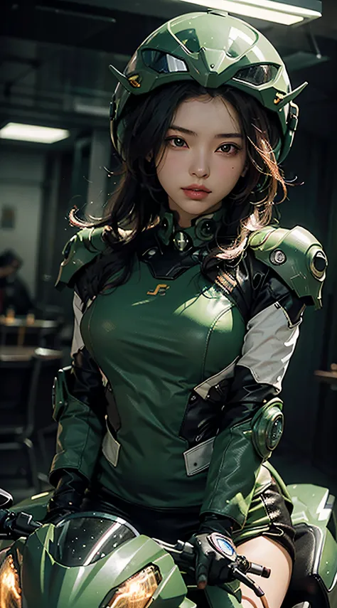 Highest image quality, outstanding details, ultra-high resolution, (realism: 1.4), the best illustration, favor details, highly condensed 1girl, with a delicate and beautiful face, dressed in a black and green mecha, wearing a mecha helmet, holding a direc...