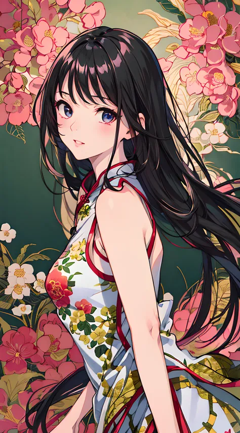 (light pink tight cheongsam, cinch waist, upper body:1.3), (masterpiece, best quality:1.5), side shot, arch back, elegance pose, 8k, official art, raw photo, incredibly absurdres, (detailed floral printed pattern on cheongsam:1.6), asian oriental floral ba...