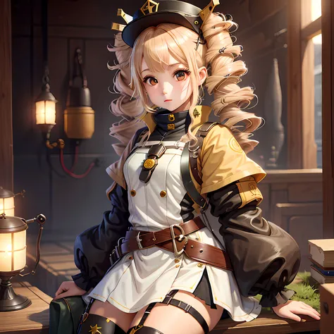 "1 girl, fantasy tower, blonde hair (drill/twin style), brown eyes"
