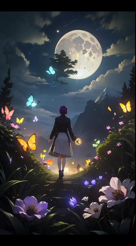 Vast landscape photos、(look from down,The sky is rising、The field is down)、Girl standing in a flower garden and looking up、(moon full:1.2)、(meteors:0.9)、(Starcloud:1.3)、mountain in the distance々、The tree々 BREAK Craft Art、(Warm light:1.2)、(glowworm:1.2)、A l...