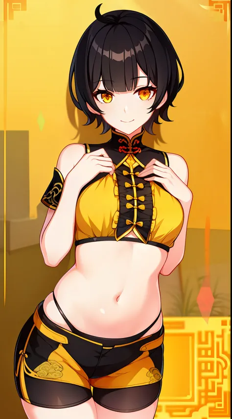 young girl, short black hair, Yellow eyes, Chinese blouse, Shorts, open belly, Smile, Masterpiece, hiquality