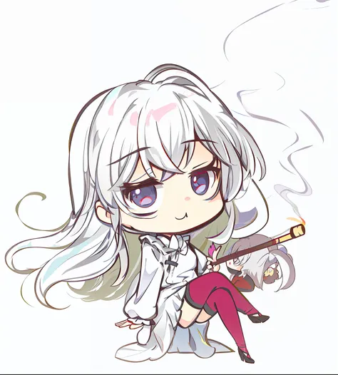 anime girl with a cigarette and a cigarette holder, nyaruko-san, a silver haired mad, white haired deity, white haired, chibi ar...