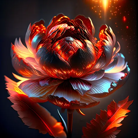 peony flower, super transparent, holy light, beautiful spectrum light, petals glowing, shimmering, black background, transparent...