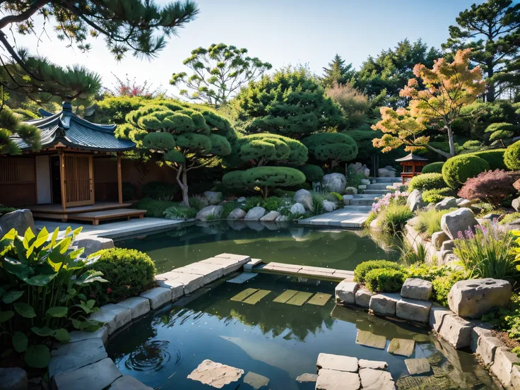 ，masterpiece, best quality，8k, 超高分辨率，reallightandshadow，step into this japanese-style garden with nordic elements，it's like bein...