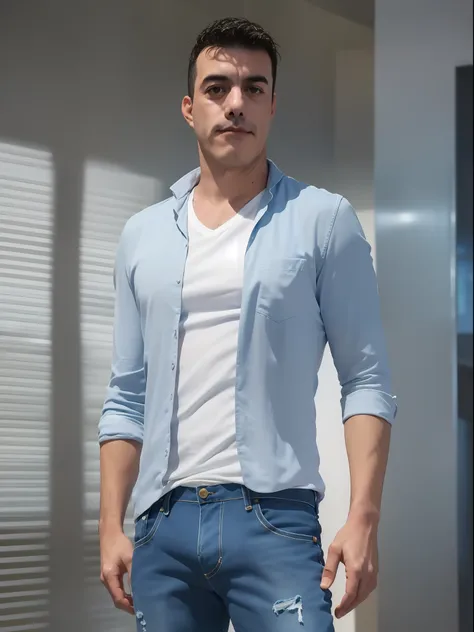 (1chico, hazael, 40 year old, vistiendo una elegante camisa blanca y chaqueta azul, con unos jeans armani azul oscuro. retrato d...