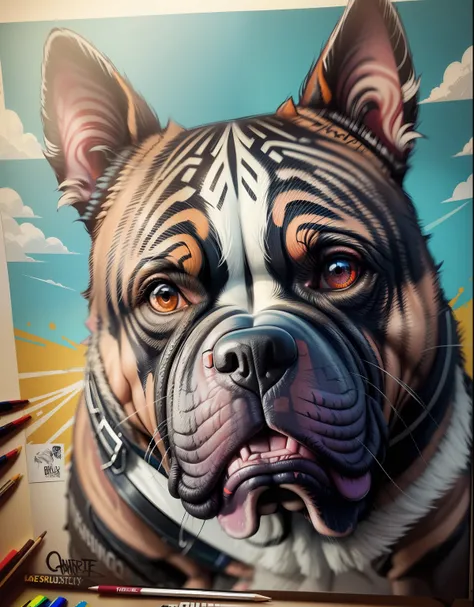 by graffiti by thierry guetta,coloring, (((american bully dog))), slosh,merle, disembodied head, black ink flow, photorealistic,...