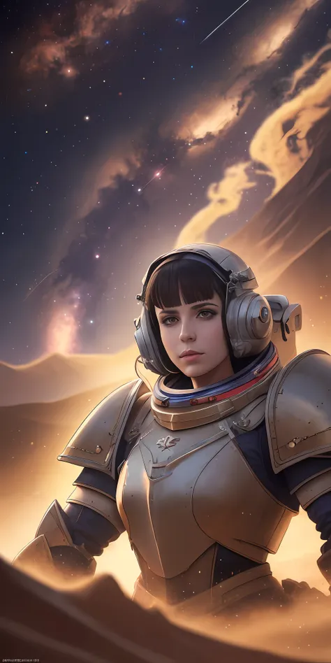 Portrait of a Space Marine woman, pronounced feminine feature, red and blue heavy armor, in the desert, detailed, cinematic composition, power armor, intricate details, eerie, highly detailed, 8k, art by artgerm and greg rutkowski and alphonse mucha, poor ...