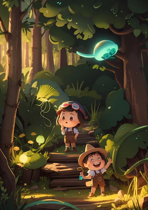 tmasterpiece, best qualityer, high qulity, extremely detailed CG unit8k wallpaper, award winning photography,Clear characters,2 children playing in the forest,One boy and one girl,Girl in hat,Wear suspenders,jelly fish,Cartoon kid playing in the woods, chi...