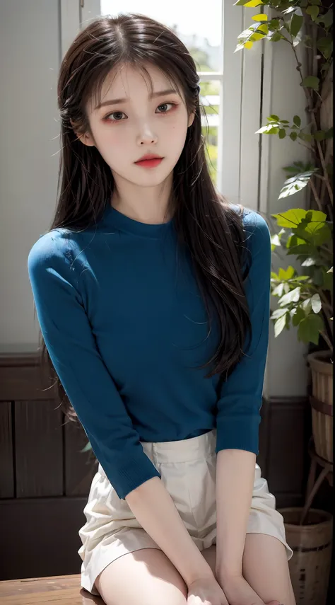 IU, Beautiful girl, 独奏,(brunette color hair),pony tails,T-shirt skirt (looking at the camera in), tmasterpiece, best qualtiy, (photograph realistic:1.2)Dreamy background