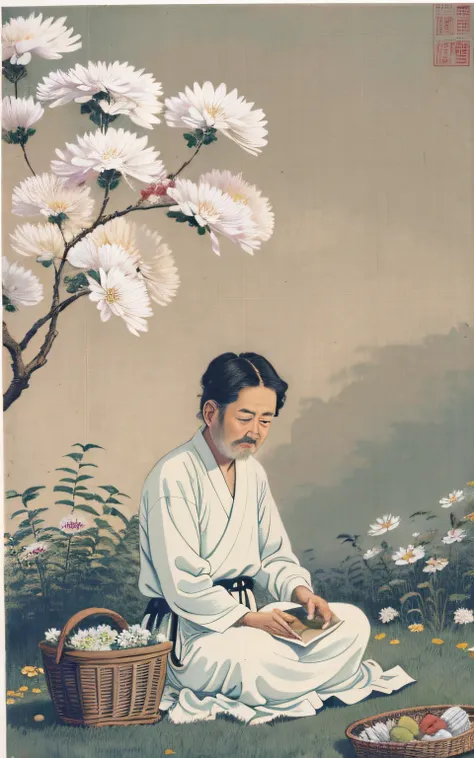 the poet picks chrysanthemums in the picture，a poet dressed in period costume，sit under the east fence，holding a thin rod to pic...