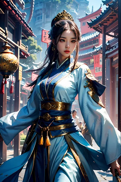 best qualtiy,tmasterpiece,超高分辨率,(realisticlying:1.4),xiuxian,arma: Long royal blue sword,Detal Face,
1girll,独奏,arma,,(Magical Circle:1.2),xiuxian,The upper part of the body,a beauty girl,full bodyesbian,east asian architecture,Jacket,buliding,