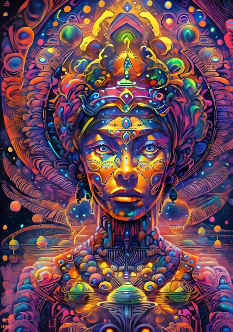(High resolution, incredibly detailed, masterpiece), portrait of a mayan priestess with a galaxy shaped vortex in one hand, featuring fractal geometry in (vibrant colors:0.8), set against a (galactic background:1.2), bringing together complex,psychedelic m...