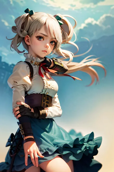 (masterpiece, best quality:1.2), cowboy shot, solo, 1girl, ciel alencon, expressionless, closed mouth, looking at viewer, (hand on own arm:1.2), short twintails, white shirt, underbust, puffy long sleeves, skirt, (fingerless gloves:1.1)