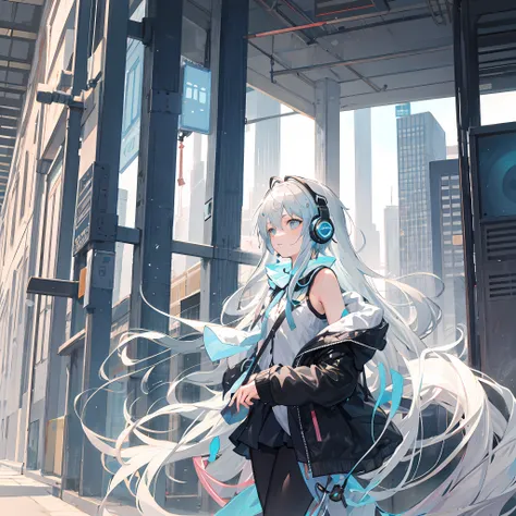 femele,silvery hair(((light blue headphones))),listening to music,listen intently,the background is the city center,like tokyo,f...