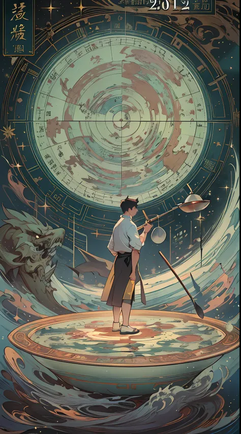 a determined man standing before a dream portal, holding a wok ladle, with floating calendar pages behind him symbolizing seven ...