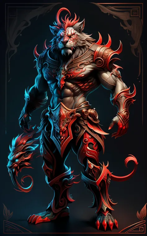 highly detailed fantasy art，1 red lion anthropomorphism、full body standing painting，ultra-burly body，highly details eye，pretty e...