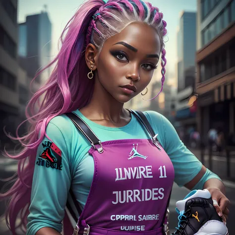 18 year old female with dark skin, braided 3 different colors neon pink and neon green, contrasting color hair, white overalls, ...