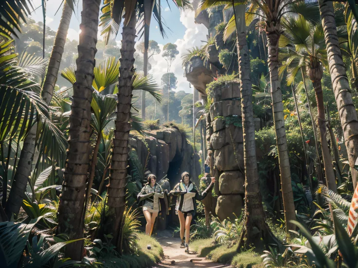 ((In the jungle of the dense forest:1.4))、(masterpiece、top-quality)、(((landscapes)))、(((((Three female jungle adventurers wearing safari jackets:1.4)))))、Photo posed, Full Shot, (((Tire high-speed rotation)))、Shutter Speed:Continuous shooting、((The tree々H...