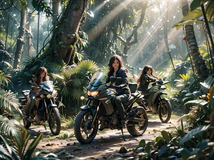((In the jungle of the dense forest:1.4))、(masterpiece、top-quality)、(((landscapes)))、(((((Three Female Jungle Adventurers)))))、Photo posed, Full Shot, Tire high-speed rotation、Shutter Speed:Continuous shooting、Dust flutters、The tree々Honda CBR1000RR gallop...
