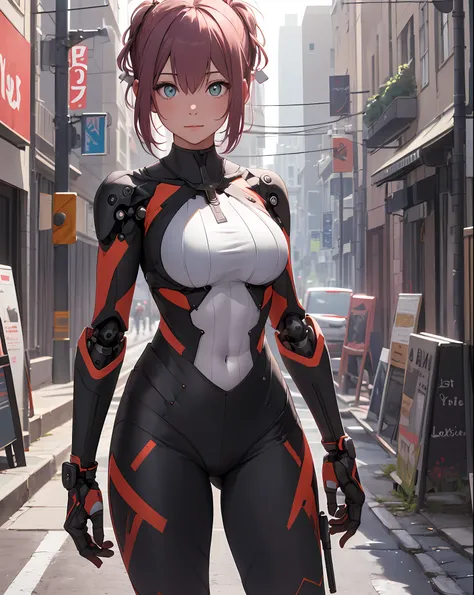 1girl,large breasts, 
outdoors,cityscape, street,standing,cowboy shot, 
((plugsuit)), ((mechanical arms)),
solo , break, 1girl, ...