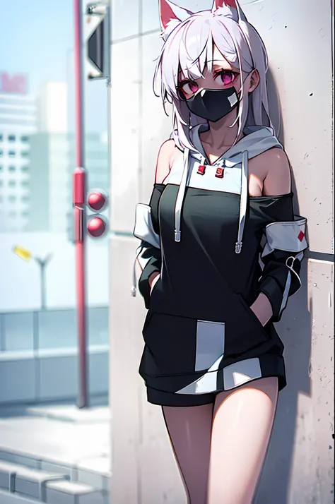 1girll, in the breast,stitched face, patchwork skin, Closed mouth, Long_Hair, face expressionless,City,street, White hair, ,stitched_face,Patchwork_skin,Cowboy shot,( Hoodie),(Hand in pocket),Open white coat,inside, She wears short black sleeves,There is a...