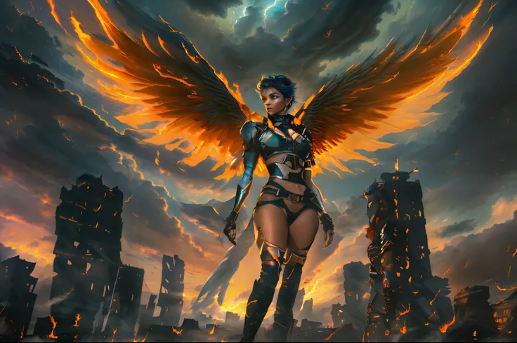 ((Female Fallen Angel sexy)), with ((burning wings of fire)), descending from a ((sky of soft, billowing clouds)) and a ((dark burning cityscape at night)). Her ((strong physique)) and ((glowing eyes)) reveal her nature as a ((heavenly warrior)), and her (...