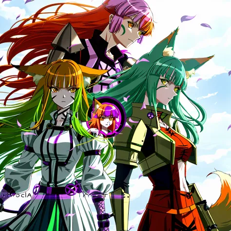 orange color hair，purple hair big breasts，green hair，fox ear，red color eyes，cyberwind，machinary，machine armour wind，future wind，...