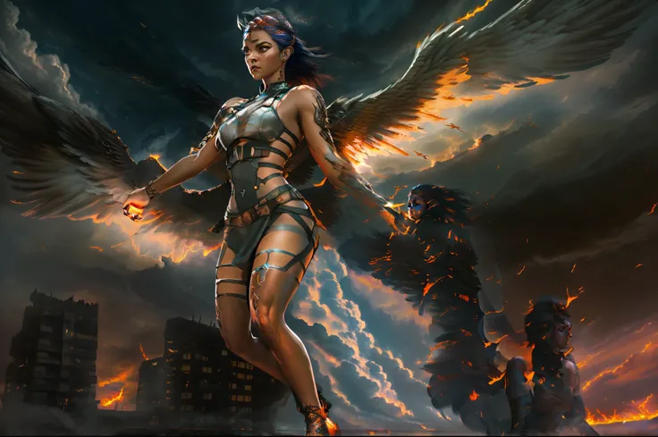 ((Female Fallen Angel sexy)), with ((burning wings of fire)), descending from a ((sky of soft, billowing clouds)) and a ((dark burning cityscape at night)). Her ((strong physique)) and ((glowing eyes)) reveal her nature as a ((heavenly warrior)), and her (...