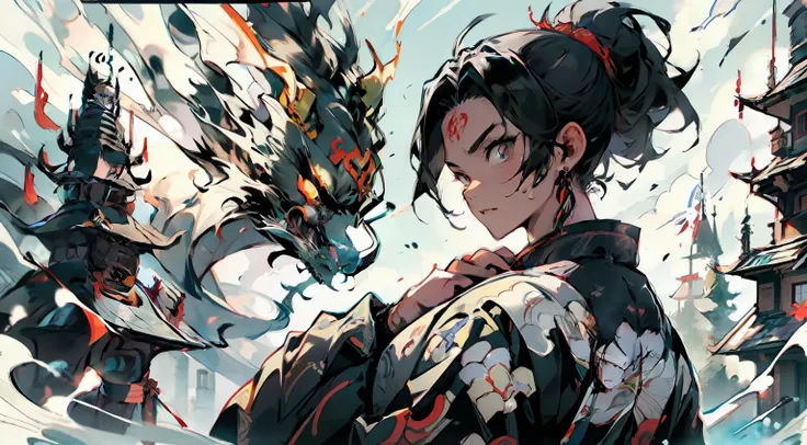 1man, medium distance, apreciar o fundo, An anime poster (Demon Slayer anime style), jovem, Oni hunter, Cabelo laranja, olhos laranja, roupa branca, Hatred, sopro de vento, Sanemis Breath, cortes no ar, display of hairstyle with ponytail, kimono japanese, ...