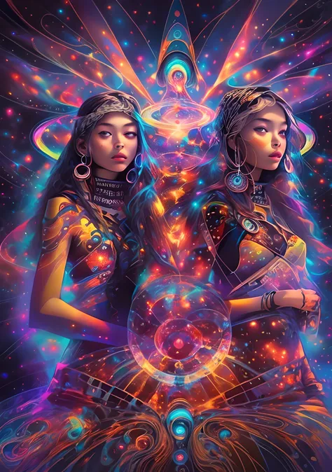 (high resolution, incredibly detailed, masterpiece),ultra hd, airbrush painting of  3 native american girls with a galaxy shaped...