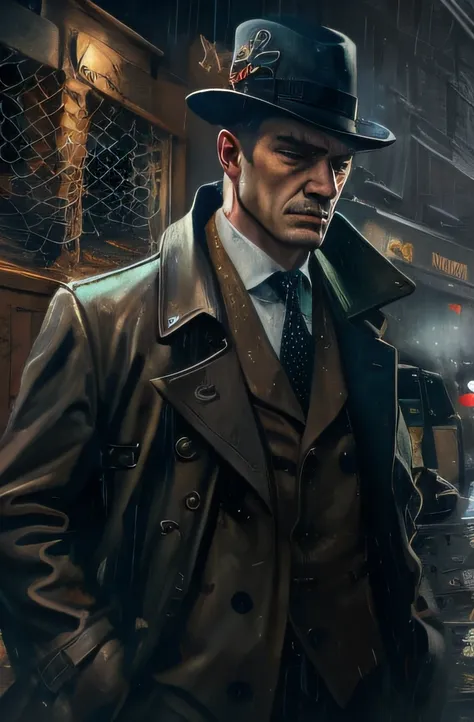 gustav do painting style，detective clothes（wind coat：1.1）and realistic illustration of hat，night in the city of victorian london...