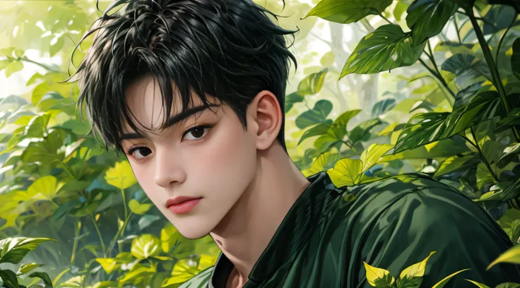 masterpiece, 1 boy, robust,white short sleeve， shy, face round, black eyes，largeeyes，stand among the green leaves