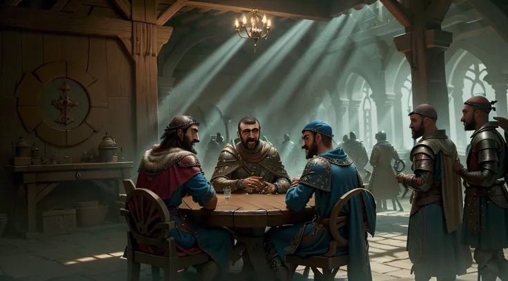 isaias usando capa, standingn, far away is a round table with men drinking and laughing, robes and arms of cloak raised on a bro...