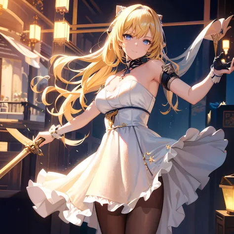 Anime girl holding sword and sword in short skirt, Kushatt Krenz Key Art Women, cute anime waifu in a nice dress, A scene from the《azur lane》videogame, Ayaka Genshin impact, Blonde anime girl with long hair, Anime goddess, style of anime4 K, ayaka game gen...