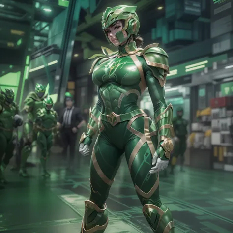 a close up of a muscle beautifull girl in a green power ranger costume, green power ranger, green legs, metallic green armor, wearing green battle armor, green armor, power ranger, zoomed out full body, green body, full body close-up shot, zoomed out shot,...