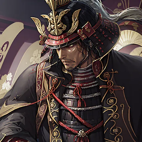 oda nobunaga, honnoji temple，best quality，a half body, tmasterpiece，handsome face，shelmet, katana in hand