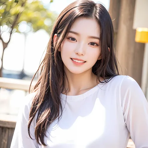 Very detailed eyes,very vey very detailed face,Best quality at best,Masterpiece,The is very detailed,ultra - detailed,(realisticlying,photographrealistic:1.3),ssmile,(facing the front there),looking at viewert,white shirt,exteriors,1girl upper body,middle...