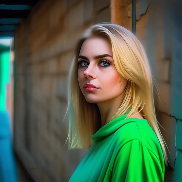 Blonde woman with blue eyes and green shirt standing in front of a brick wall, color photograph portrait 4k, Retrato colorido, Foto retrato suave 8 k, mulher loira nova, Retrato tirado 8 K, Retrato de 50mm, mulher loira, uma menina com cabelo loiro, mulher...