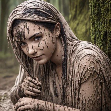 hyperrealistische fotografie, 2 women washing their hair with mud and shampoo, ansicht von hinten, schlammspritzer im gesicht, d...